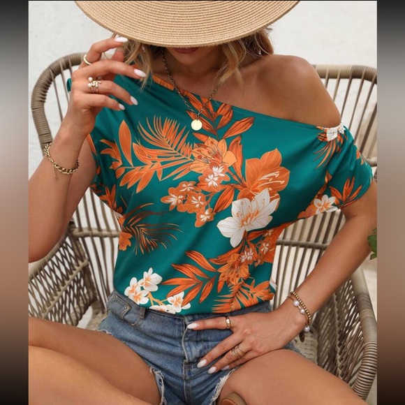 Tops - Boho Floral Tropical Print Asymmetrical Neck Batwing Sleeve Top Blouse Green